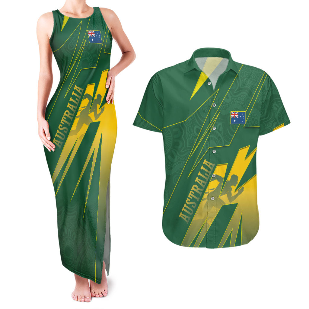 Australia Athletics Couples Matching Tank Maxi Dress and Hawaiian Shirt Australian Flag Map Track Runner Silhouette Green Gold