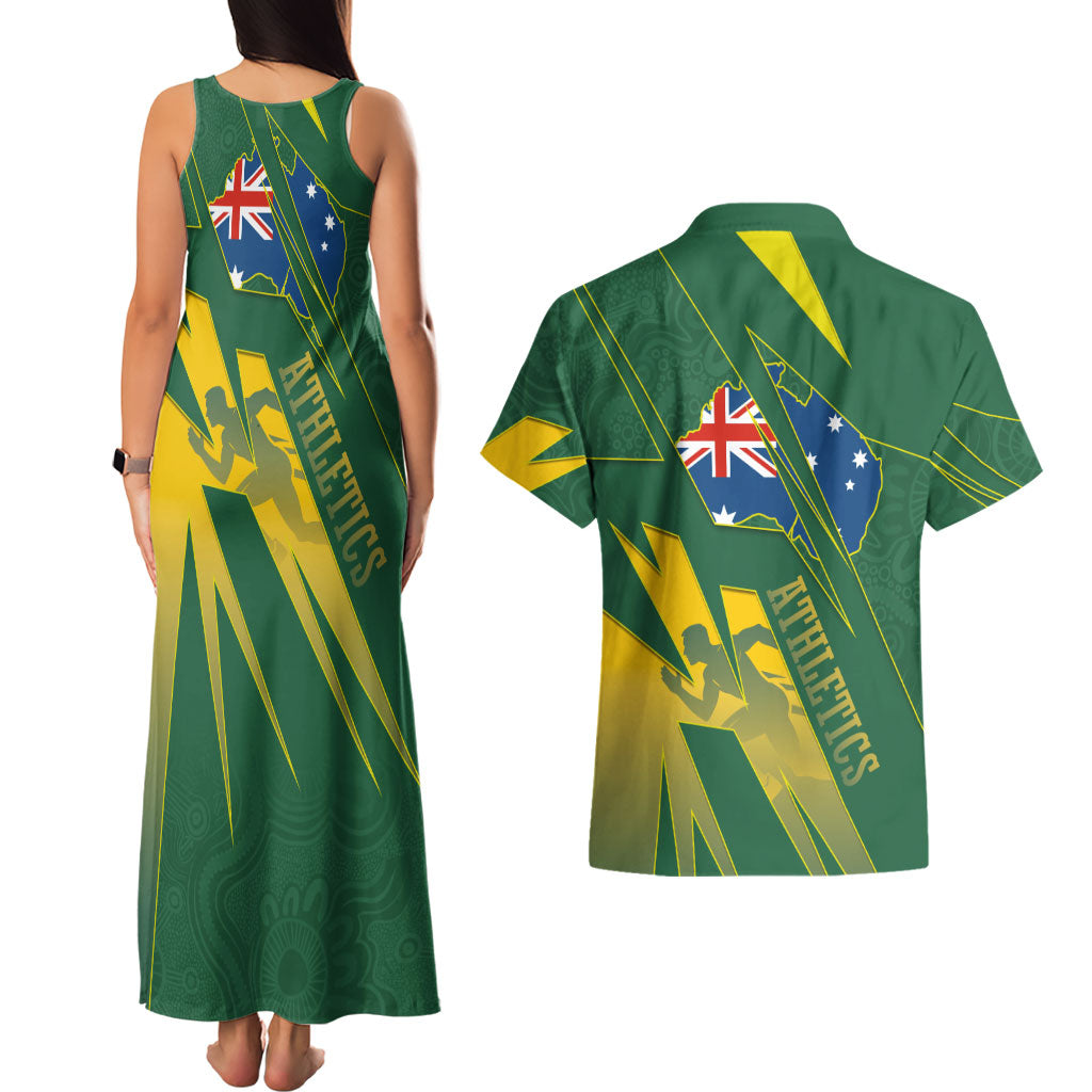 Australia Athletics Couples Matching Tank Maxi Dress and Hawaiian Shirt Australian Flag Map Track Runner Silhouette Green Gold