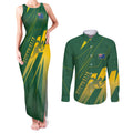 Australia Athletics Couples Matching Tank Maxi Dress and Long Sleeve Button Shirt Australian Flag Map Track Runner Silhouette Green Gold