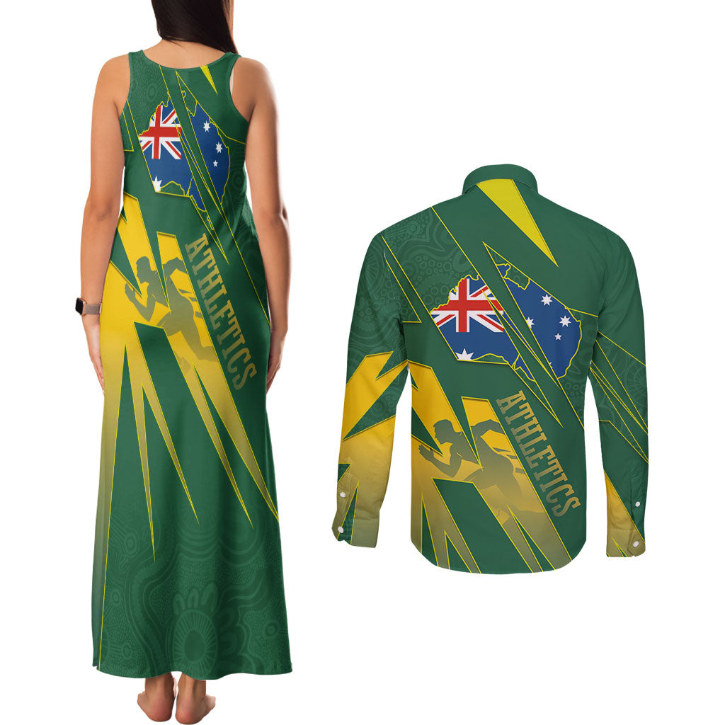 Australia Athletics Couples Matching Tank Maxi Dress and Long Sleeve Button Shirt Australian Flag Map Track Runner Silhouette Green Gold