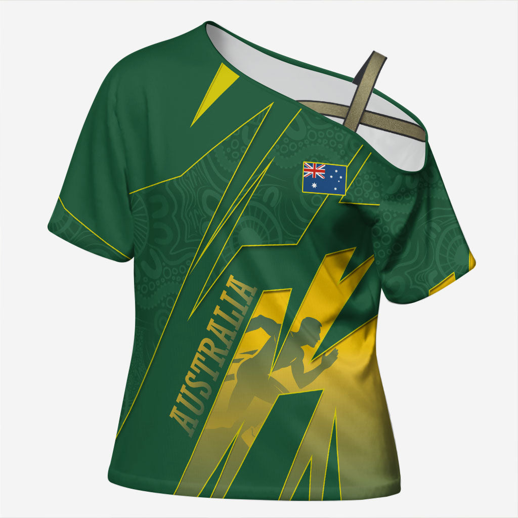 Australia Athletics Cross Shoulder Shirt Australian Flag Map Track Runner Silhouette Green Gold