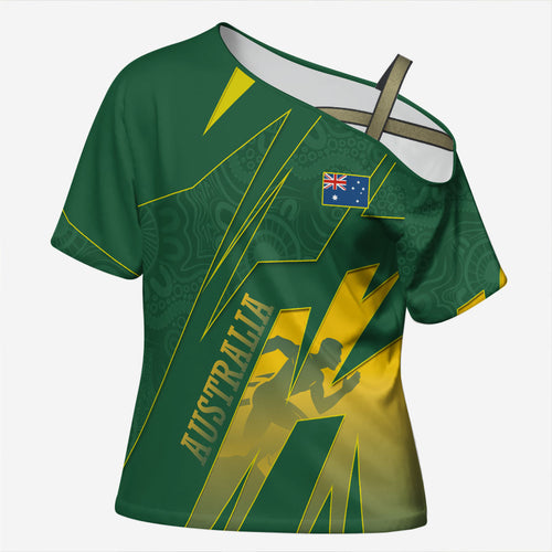 Australia Athletics Cross Shoulder Shirt Australian Flag Map Track Runner Silhouette Green Gold