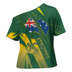 Australia Athletics Cross Shoulder Shirt Australian Flag Map Track Runner Silhouette Green Gold