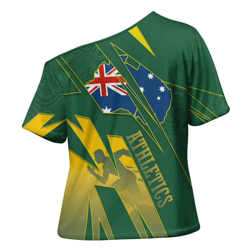 Australia Athletics Cross Shoulder Shirt Australian Flag Map Track Runner Silhouette Green Gold