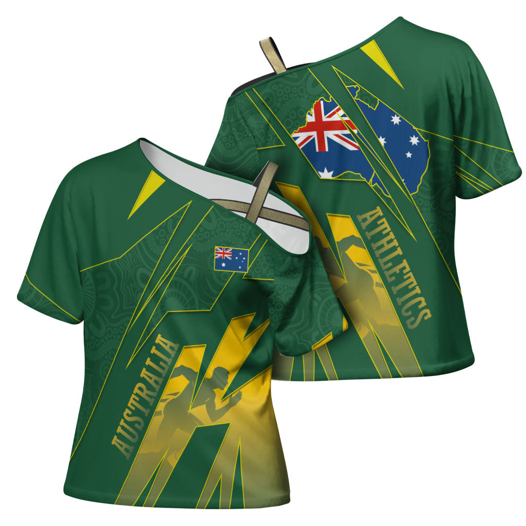 Australia Athletics Cross Shoulder Shirt Australian Flag Map Track Runner Silhouette Green Gold