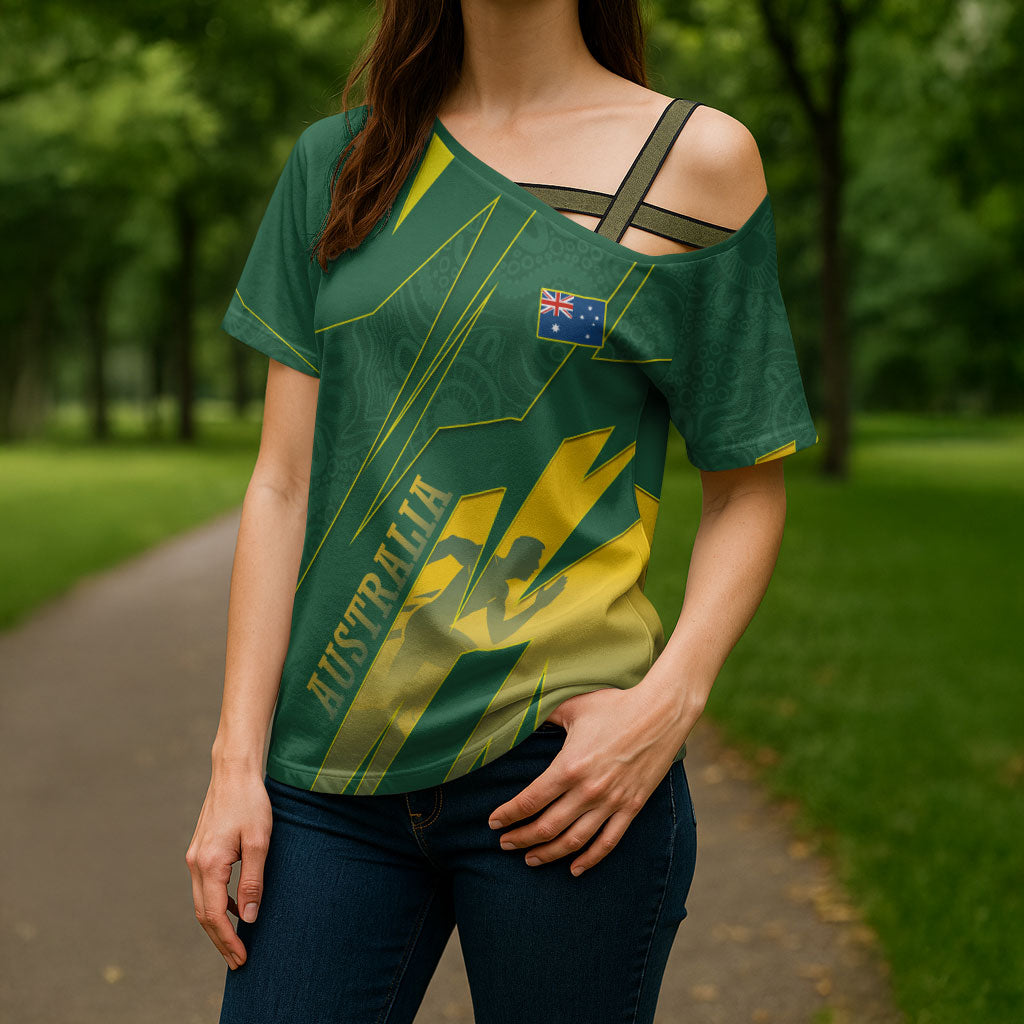 Australia Athletics Cross Shoulder Shirt Australian Flag Map Track Runner Silhouette Green Gold