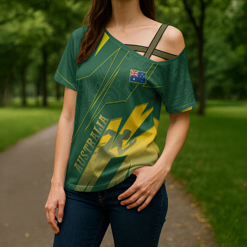 Australia Athletics Cross Shoulder Shirt Australian Flag Map Track Runner Silhouette Green Gold