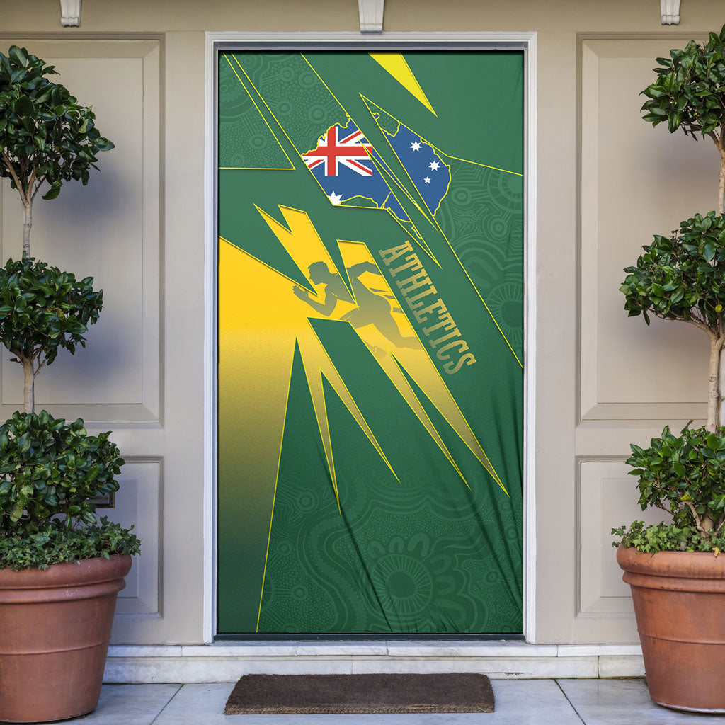 Australia Athletics Door Cover Australian Flag Map Track Runner Silhouette Green Gold