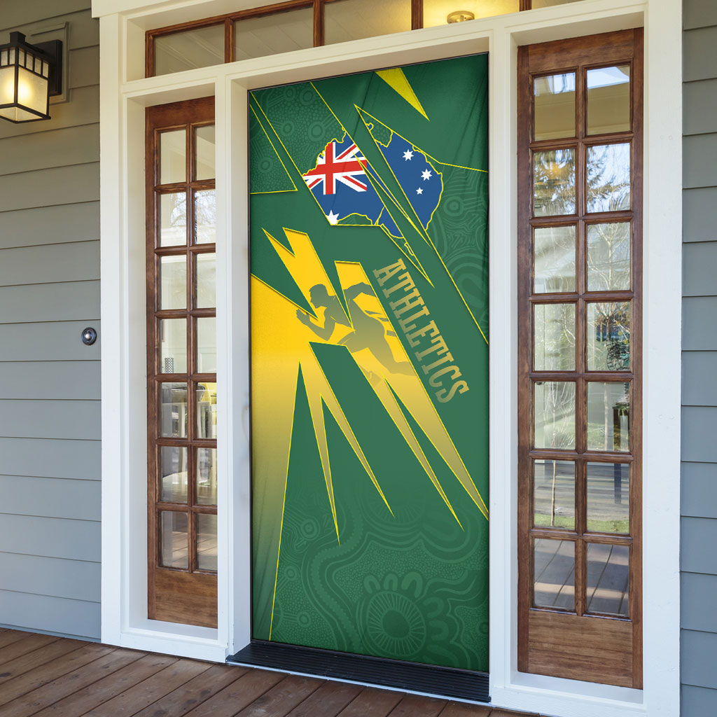 Australia Athletics Door Cover Australian Flag Map Track Runner Silhouette Green Gold