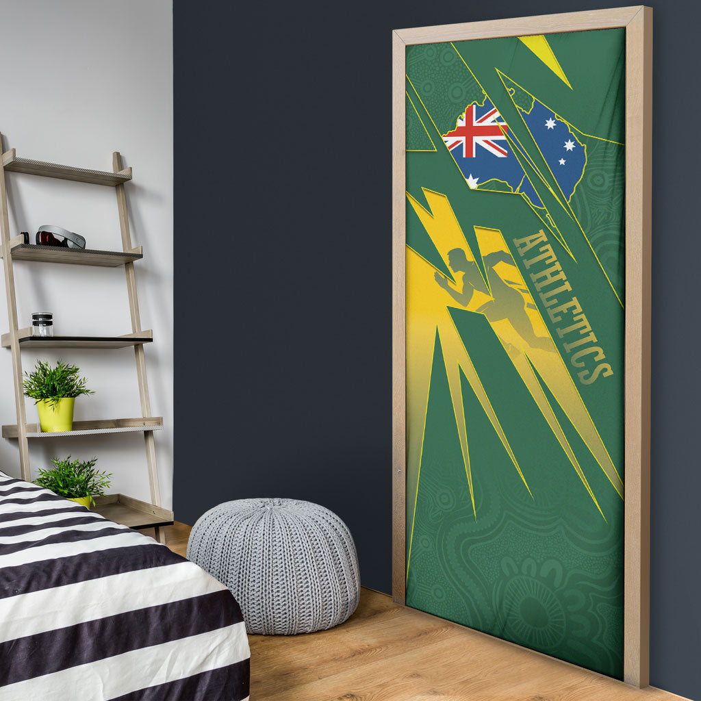 Australia Athletics Door Cover Australian Flag Map Track Runner Silhouette Green Gold