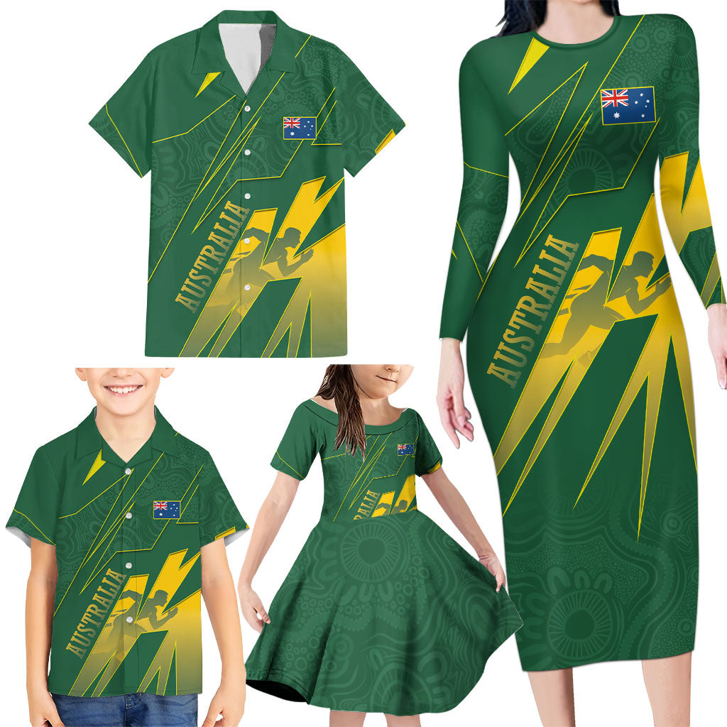 Australia Athletics Family Matching Long Sleeve Bodycon Dress and Hawaiian Shirt Australian Flag Map Track Runner Silhouette Green Gold