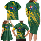 Australia Athletics Family Matching Long Sleeve Bodycon Dress and Hawaiian Shirt Australian Flag Map Track Runner Silhouette Green Gold
