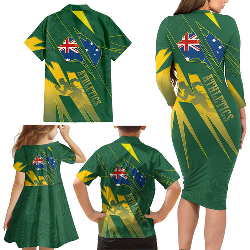 Australia Athletics Family Matching Long Sleeve Bodycon Dress and Hawaiian Shirt Australian Flag Map Track Runner Silhouette Green Gold