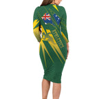 Australia Athletics Family Matching Long Sleeve Bodycon Dress and Hawaiian Shirt Australian Flag Map Track Runner Silhouette Green Gold