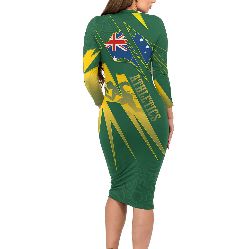 Australia Athletics Family Matching Long Sleeve Bodycon Dress and Hawaiian Shirt Australian Flag Map Track Runner Silhouette Green Gold