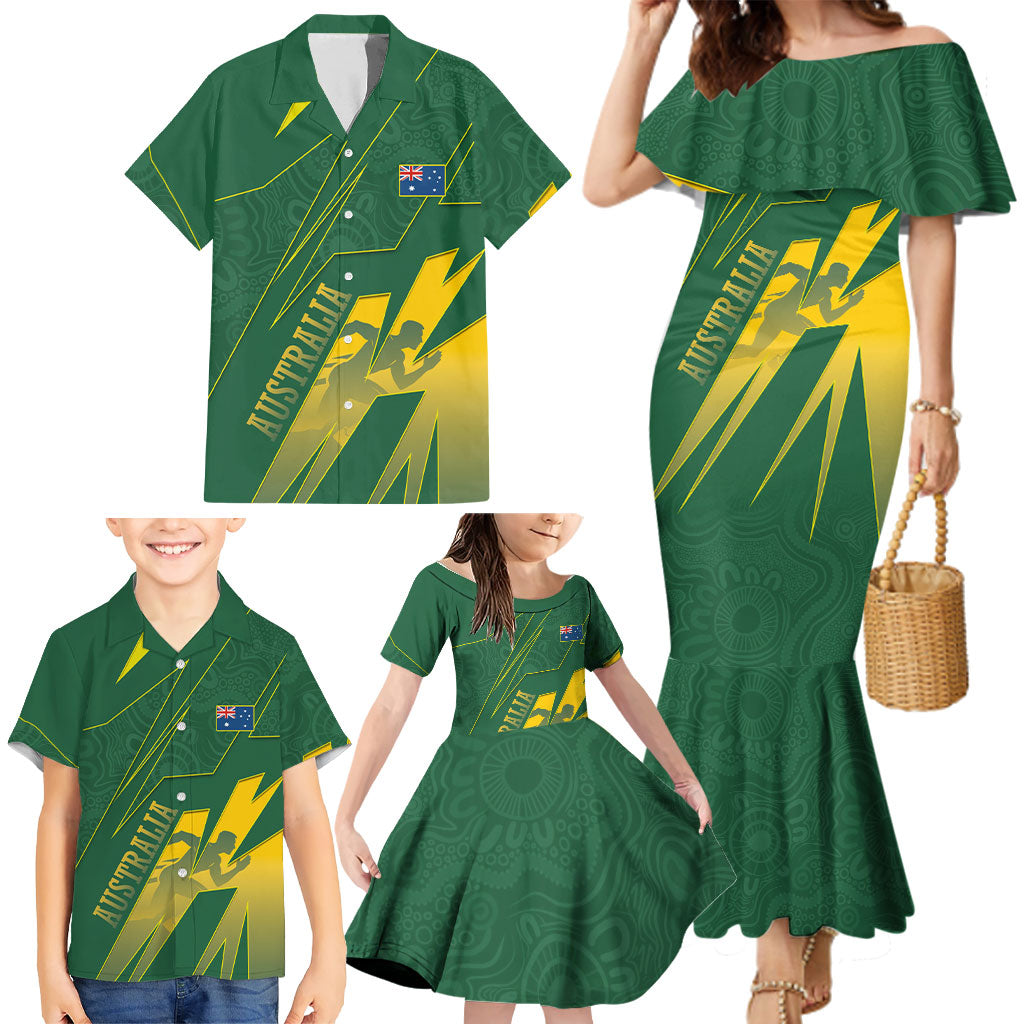 Australia Athletics Family Matching Mermaid Dress and Hawaiian Shirt Australian Flag Map Track Runner Silhouette Green Gold