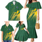 Australia Athletics Family Matching Mermaid Dress and Hawaiian Shirt Australian Flag Map Track Runner Silhouette Green Gold