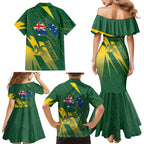 Australia Athletics Family Matching Mermaid Dress and Hawaiian Shirt Australian Flag Map Track Runner Silhouette Green Gold