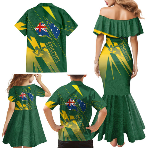 Australia Athletics Family Matching Mermaid Dress and Hawaiian Shirt Australian Flag Map Track Runner Silhouette Green Gold
