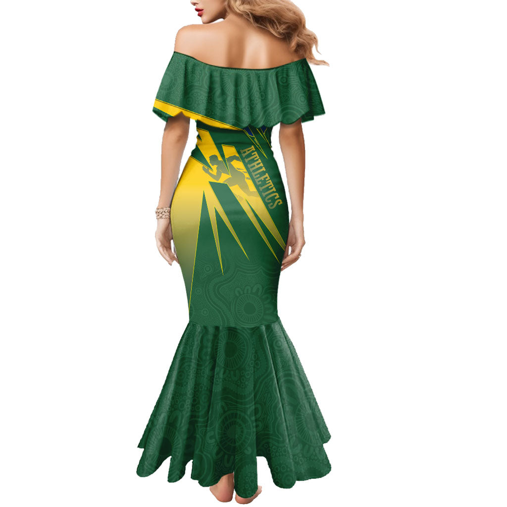 Australia Athletics Family Matching Mermaid Dress and Hawaiian Shirt Australian Flag Map Track Runner Silhouette Green Gold