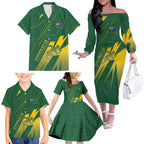 Australia Athletics Family Matching Off The Shoulder Long Sleeve Dress and Hawaiian Shirt Australian Flag Map Track Runner Silhouette Green Gold