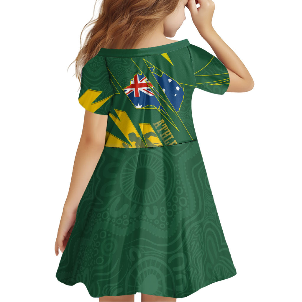 Australia Athletics Family Matching Off The Shoulder Long Sleeve Dress and Hawaiian Shirt Australian Flag Map Track Runner Silhouette Green Gold