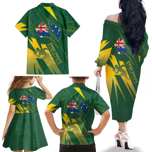 Australia Athletics Family Matching Off The Shoulder Long Sleeve Dress and Hawaiian Shirt Australian Flag Map Track Runner Silhouette Green Gold