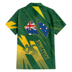 Australia Athletics Family Matching Off The Shoulder Long Sleeve Dress and Hawaiian Shirt Australian Flag Map Track Runner Silhouette Green Gold