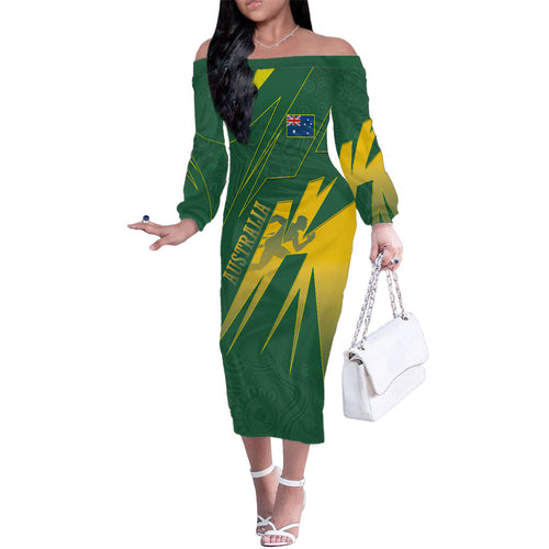 Australia Athletics Family Matching Off The Shoulder Long Sleeve Dress and Hawaiian Shirt Australian Flag Map Track Runner Silhouette Green Gold