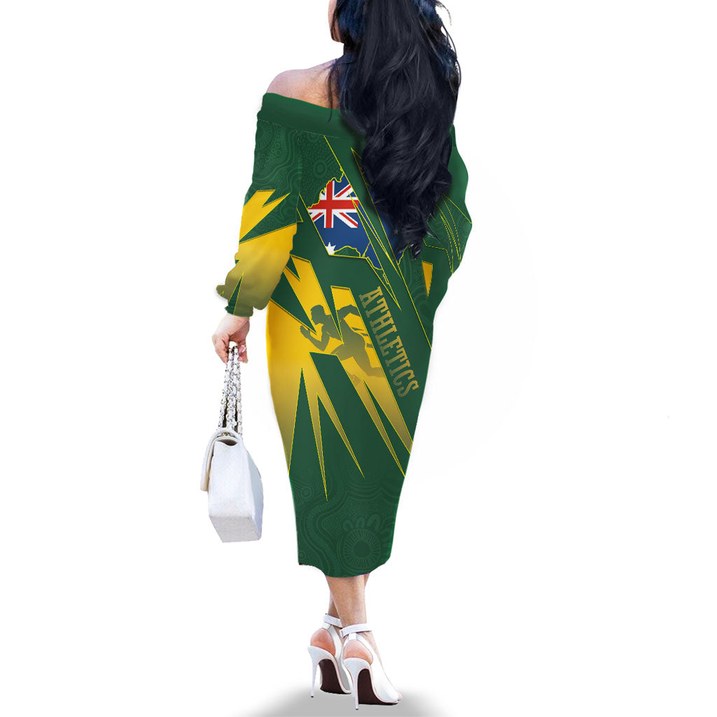 Australia Athletics Family Matching Off The Shoulder Long Sleeve Dress and Hawaiian Shirt Australian Flag Map Track Runner Silhouette Green Gold