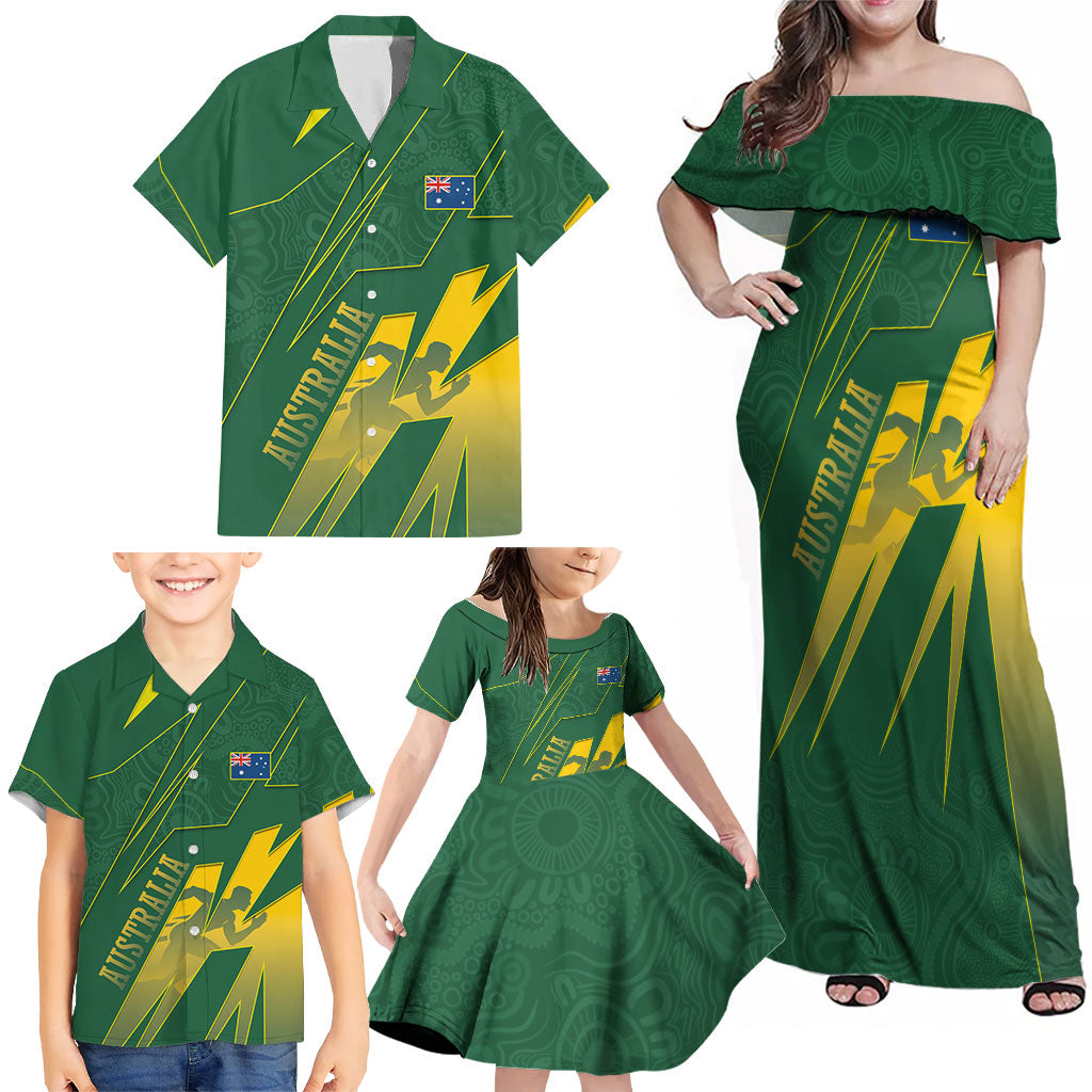 Australia Athletics Family Matching Off Shoulder Maxi Dress and Hawaiian Shirt Australian Flag Map Track Runner Silhouette Green Gold