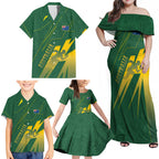 Australia Athletics Family Matching Off Shoulder Maxi Dress and Hawaiian Shirt Australian Flag Map Track Runner Silhouette Green Gold