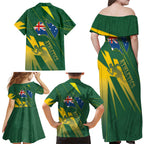 Australia Athletics Family Matching Off Shoulder Maxi Dress and Hawaiian Shirt Australian Flag Map Track Runner Silhouette Green Gold