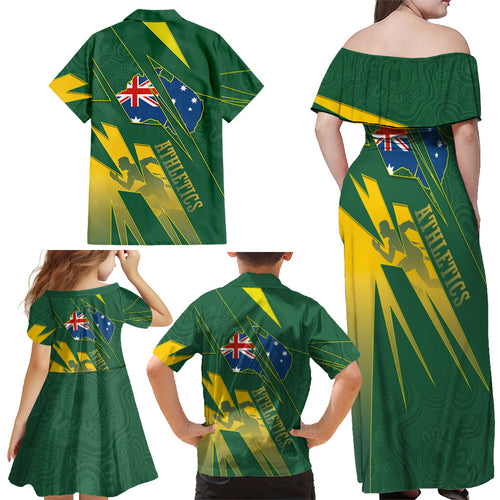 Australia Athletics Family Matching Off Shoulder Maxi Dress and Hawaiian Shirt Australian Flag Map Track Runner Silhouette Green Gold