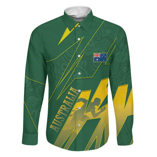 Australia Athletics Family Matching Off Shoulder Maxi Dress and Hawaiian Shirt Australian Flag Map Track Runner Silhouette Green Gold