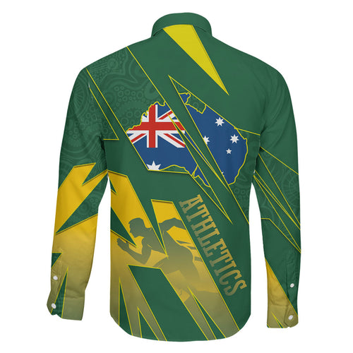 Australia Athletics Family Matching Off Shoulder Maxi Dress and Hawaiian Shirt Australian Flag Map Track Runner Silhouette Green Gold