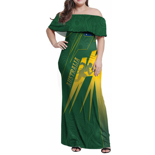 Australia Athletics Family Matching Off Shoulder Maxi Dress and Hawaiian Shirt Australian Flag Map Track Runner Silhouette Green Gold