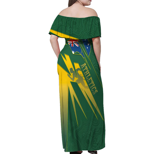 Australia Athletics Family Matching Off Shoulder Maxi Dress and Hawaiian Shirt Australian Flag Map Track Runner Silhouette Green Gold