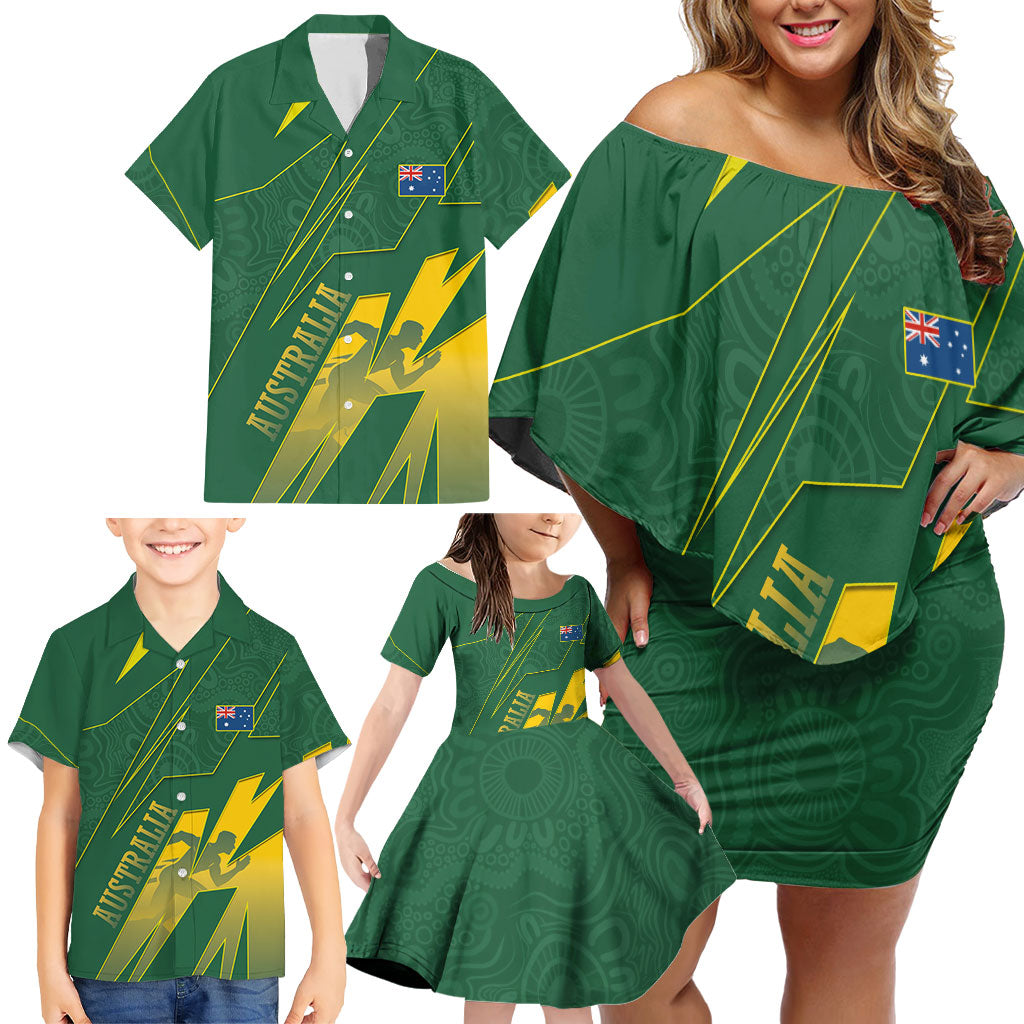Australia Athletics Family Matching Off Shoulder Short Dress and Hawaiian Shirt Australian Flag Map Track Runner Silhouette Green Gold