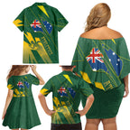 Australia Athletics Family Matching Off Shoulder Short Dress and Hawaiian Shirt Australian Flag Map Track Runner Silhouette Green Gold