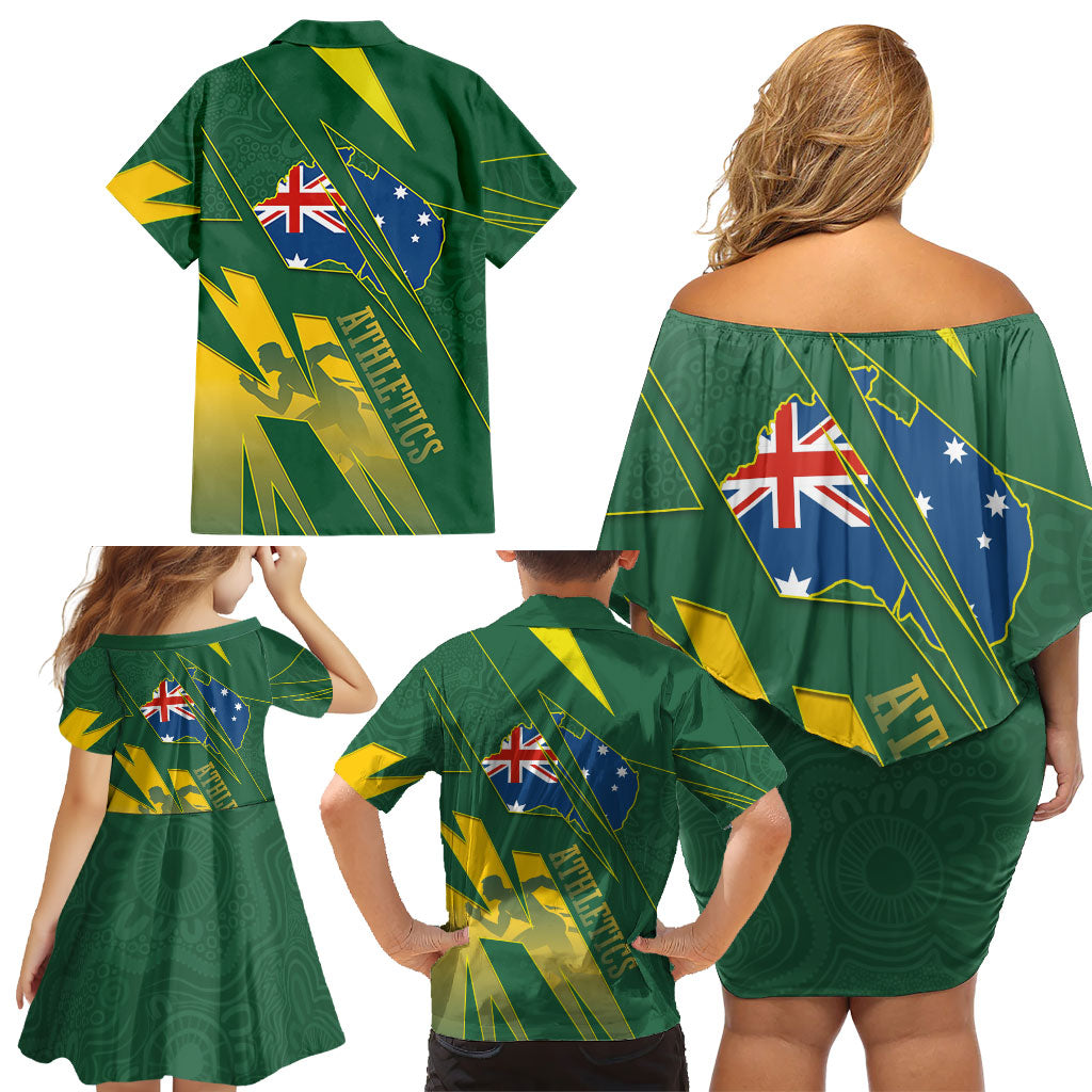Australia Athletics Family Matching Off Shoulder Short Dress and Hawaiian Shirt Australian Flag Map Track Runner Silhouette Green Gold