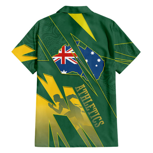 Australia Athletics Family Matching Off Shoulder Short Dress and Hawaiian Shirt Australian Flag Map Track Runner Silhouette Green Gold