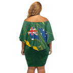 Australia Athletics Family Matching Off Shoulder Short Dress and Hawaiian Shirt Australian Flag Map Track Runner Silhouette Green Gold
