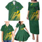 Australia Athletics Family Matching Puletasi and Hawaiian Shirt Australian Flag Map Track Runner Silhouette Green Gold