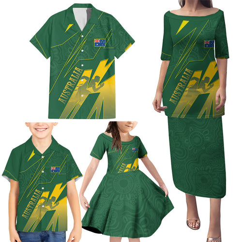 Australia Athletics Family Matching Puletasi and Hawaiian Shirt Australian Flag Map Track Runner Silhouette Green Gold
