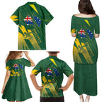 Australia Athletics Family Matching Puletasi and Hawaiian Shirt Australian Flag Map Track Runner Silhouette Green Gold