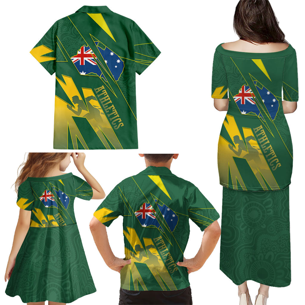 Australia Athletics Family Matching Puletasi and Hawaiian Shirt Australian Flag Map Track Runner Silhouette Green Gold