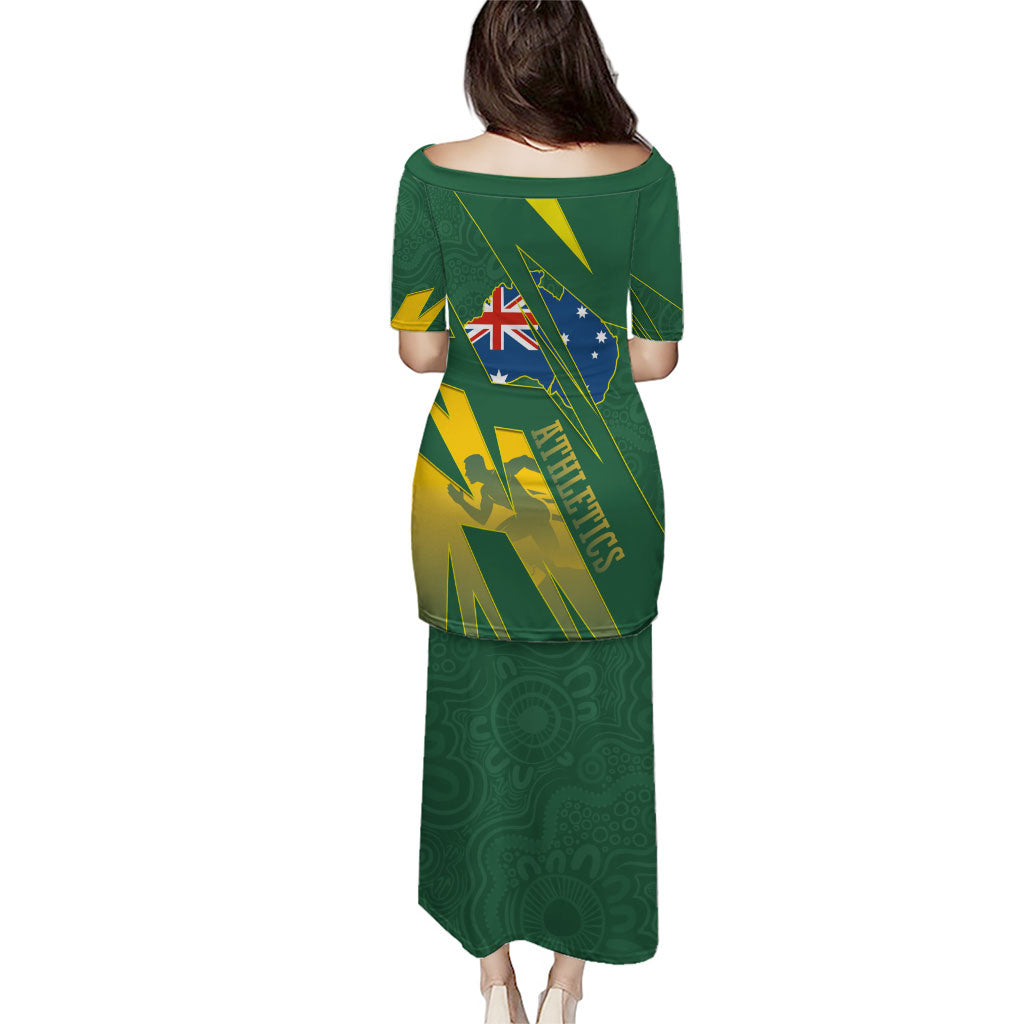 Australia Athletics Family Matching Puletasi and Hawaiian Shirt Australian Flag Map Track Runner Silhouette Green Gold