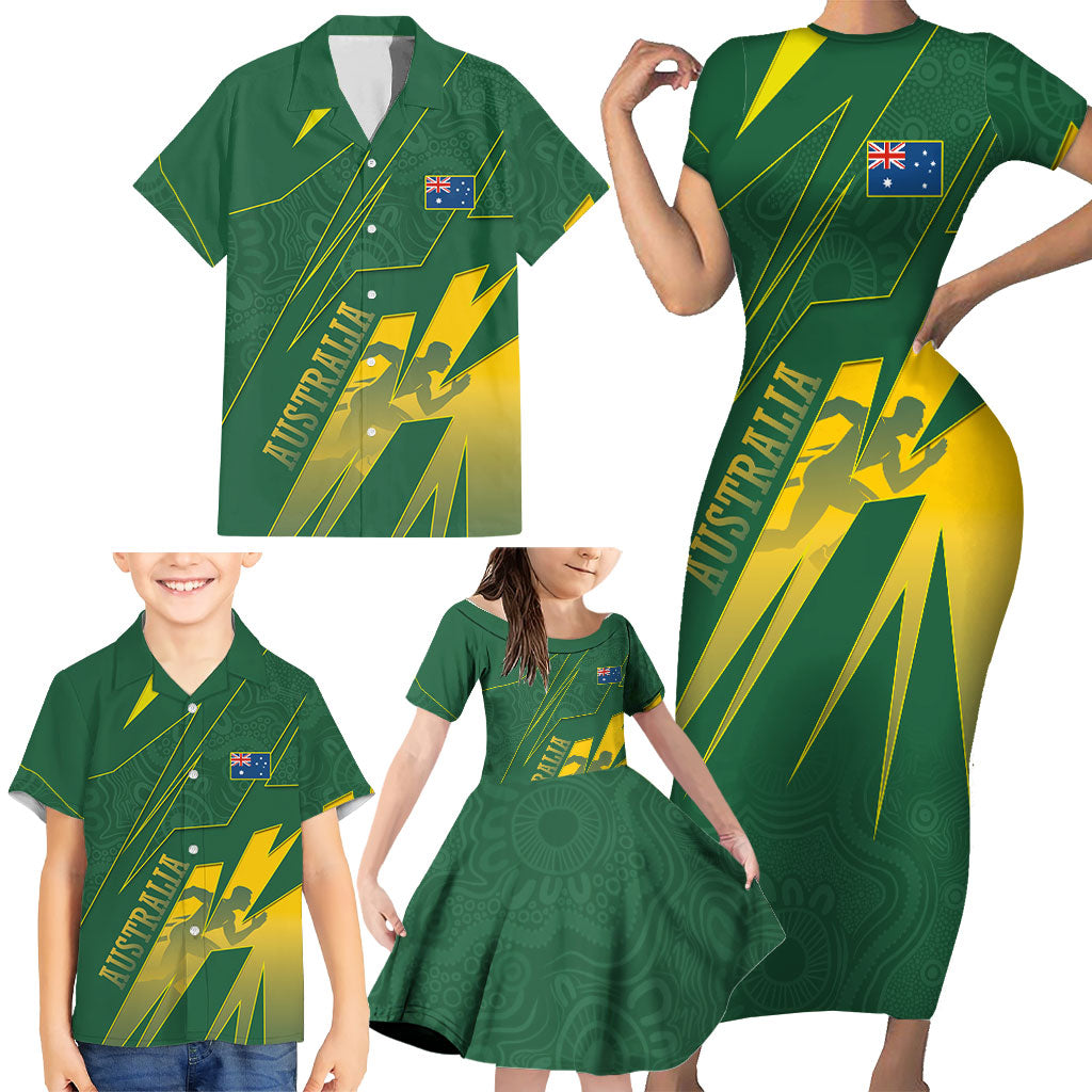 Australia Athletics Family Matching Short Sleeve Bodycon Dress and Hawaiian Shirt Australian Flag Map Track Runner Silhouette Green Gold