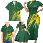 Australia Athletics Family Matching Short Sleeve Bodycon Dress and Hawaiian Shirt Australian Flag Map Track Runner Silhouette Green Gold